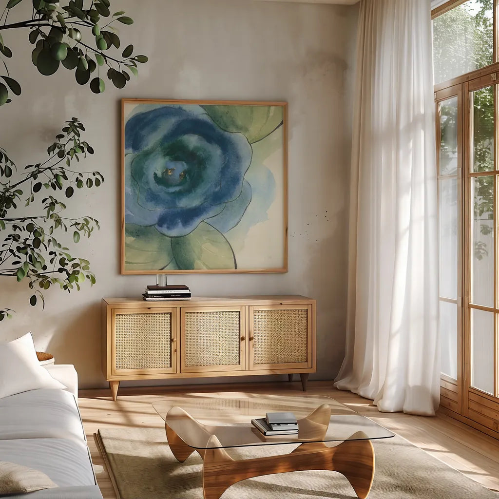 Wannabe Poppies III by Chris Paschke. Shown in a natural wood frame in a cozy modern living room. Available as an archival giclee rolled canvas, fine art paper, or poster print. SKU 34717a.