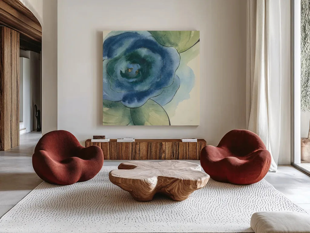Wannabe Poppies III by Chris Paschke. Shown as extra-large giant wall art in a modern living room. Available as an archival giclee rolled canvas, fine art paper, or poster print. SKU 34717a.
