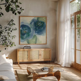 Wannabe Poppies IV by Chris Paschke. Shown in a natural wood frame in a cozy modern living room. Available as an archival giclee rolled canvas, fine art paper, or poster print. SKU 34718a.