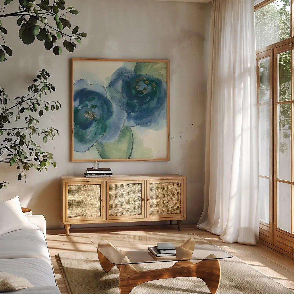 Wannabe Poppies IV by Chris Paschke. Shown in a natural wood frame in a cozy modern living room. Available as an archival giclee rolled canvas, fine art paper, or poster print. SKU 34718a.