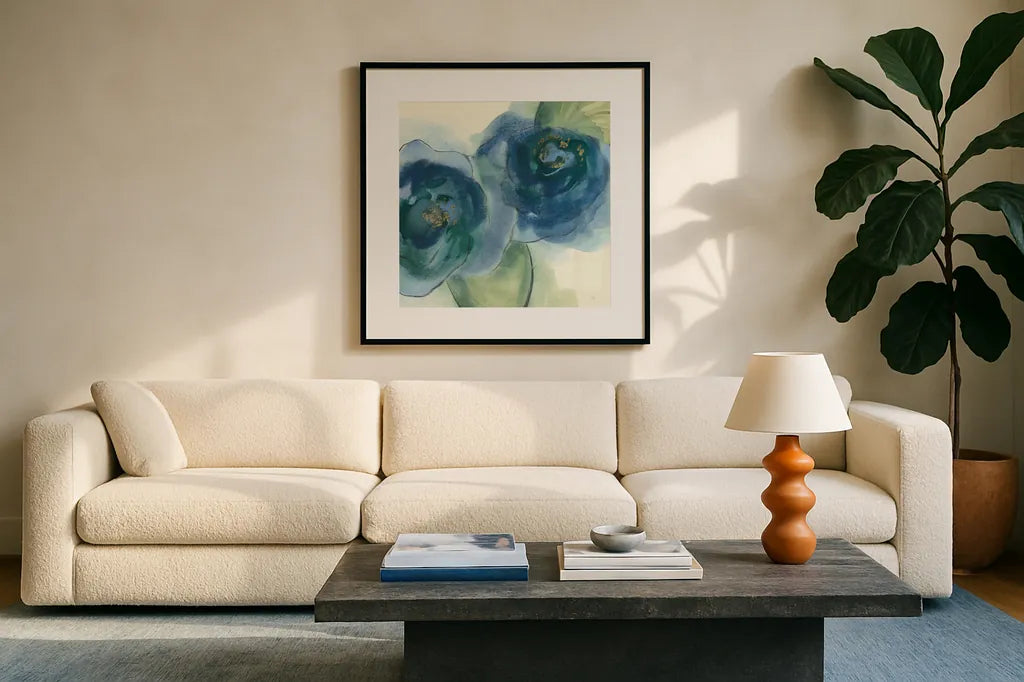 Wannabe Poppies IV by Chris Paschke. Displayed in a glass frame with matte in a clean modern living room. Available as an archival giclee rolled canvas, fine art paper, or poster print. SKU 34718a.