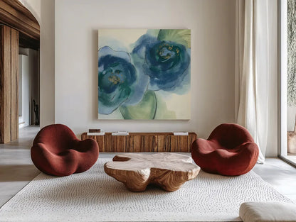 Wannabe Poppies IV by Chris Paschke. Shown as extra-large giant wall art in a modern living room. Available as an archival giclee rolled canvas, fine art paper, or poster print. SKU 34718a.
