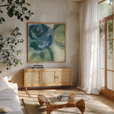 Wannabe Poppies V by Chris Paschke. Shown in a natural wood frame in a cozy modern living room. Available as an archival giclee rolled canvas, fine art paper, or poster print. SKU 34719a.
