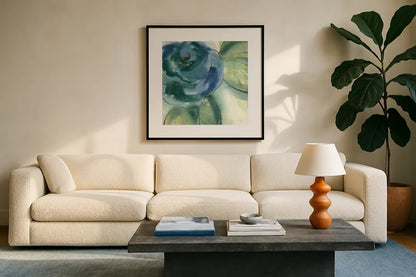 Wannabe Poppies V by Chris Paschke. Displayed in a glass frame with matte in a clean modern living room. Available as an archival giclee rolled canvas, fine art paper, or poster print. SKU 34719a.
