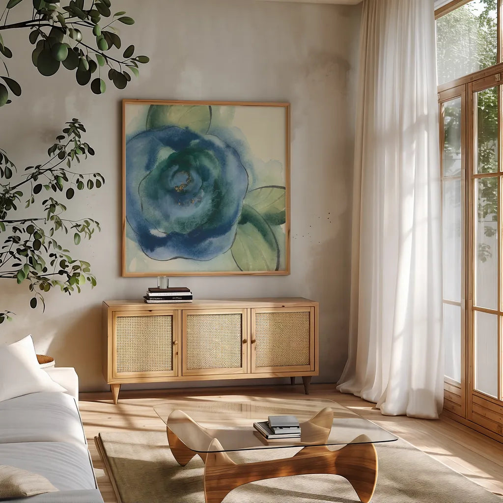 Wannabe Poppies VI by Chris Paschke. Shown in a natural wood frame in a cozy modern living room. Available as an archival giclee rolled canvas, fine art paper, or poster print. SKU 34720a.