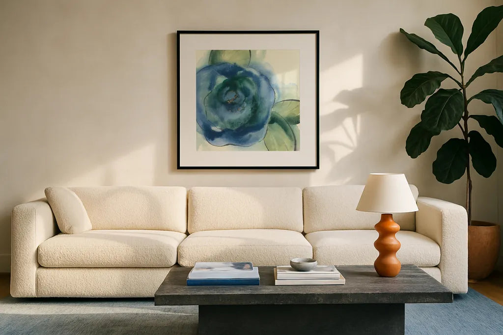 Wannabe Poppies VI by Chris Paschke. Displayed in a glass frame with matte in a clean modern living room. Available as an archival giclee rolled canvas, fine art paper, or poster print. SKU 34720a.