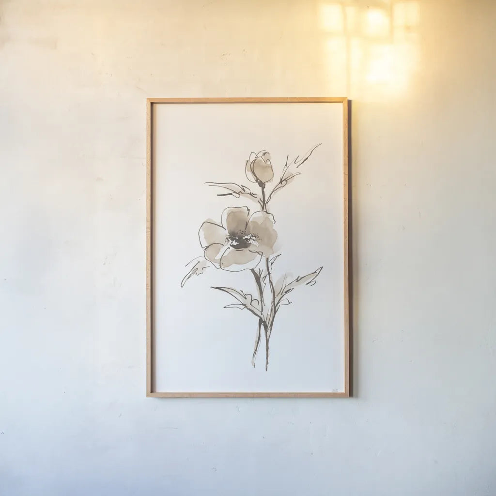 Wash Anemone I Neutral by Chris Paschke. shown as a paper print in a natural frame. Available as a archival giclee rolled canvas, fine art paper, or poster print. SKU 77182h.