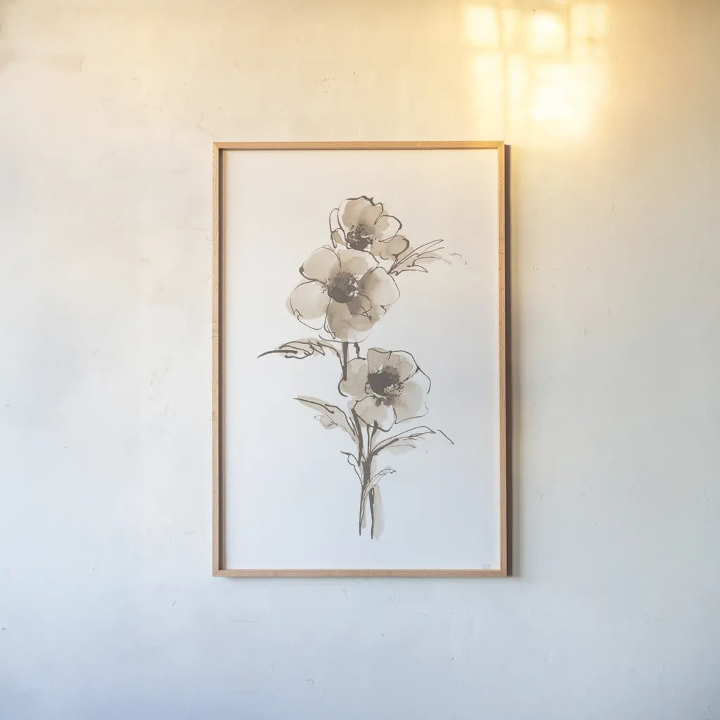 Wash Anemone II Neutral by Chris Paschke. shown as a paper print in a natural frame. Available as a archival giclee rolled canvas, fine art paper, or poster print. SKU 77183h.