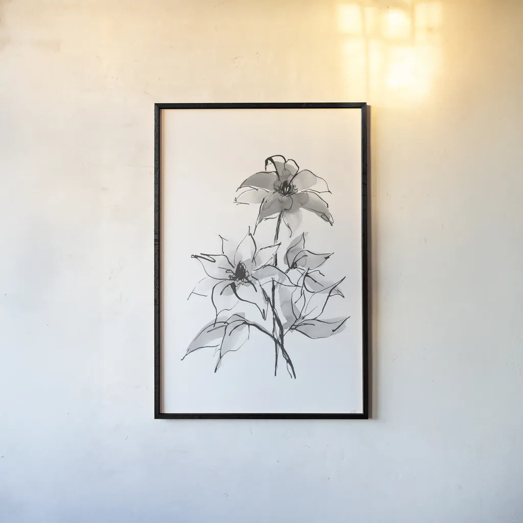 Wash Clematis by Chris Paschke. shown as a paper print in a black flame. Available as a archival giclee rolled canvas, fine art paper, or poster print. SKU 65451h.