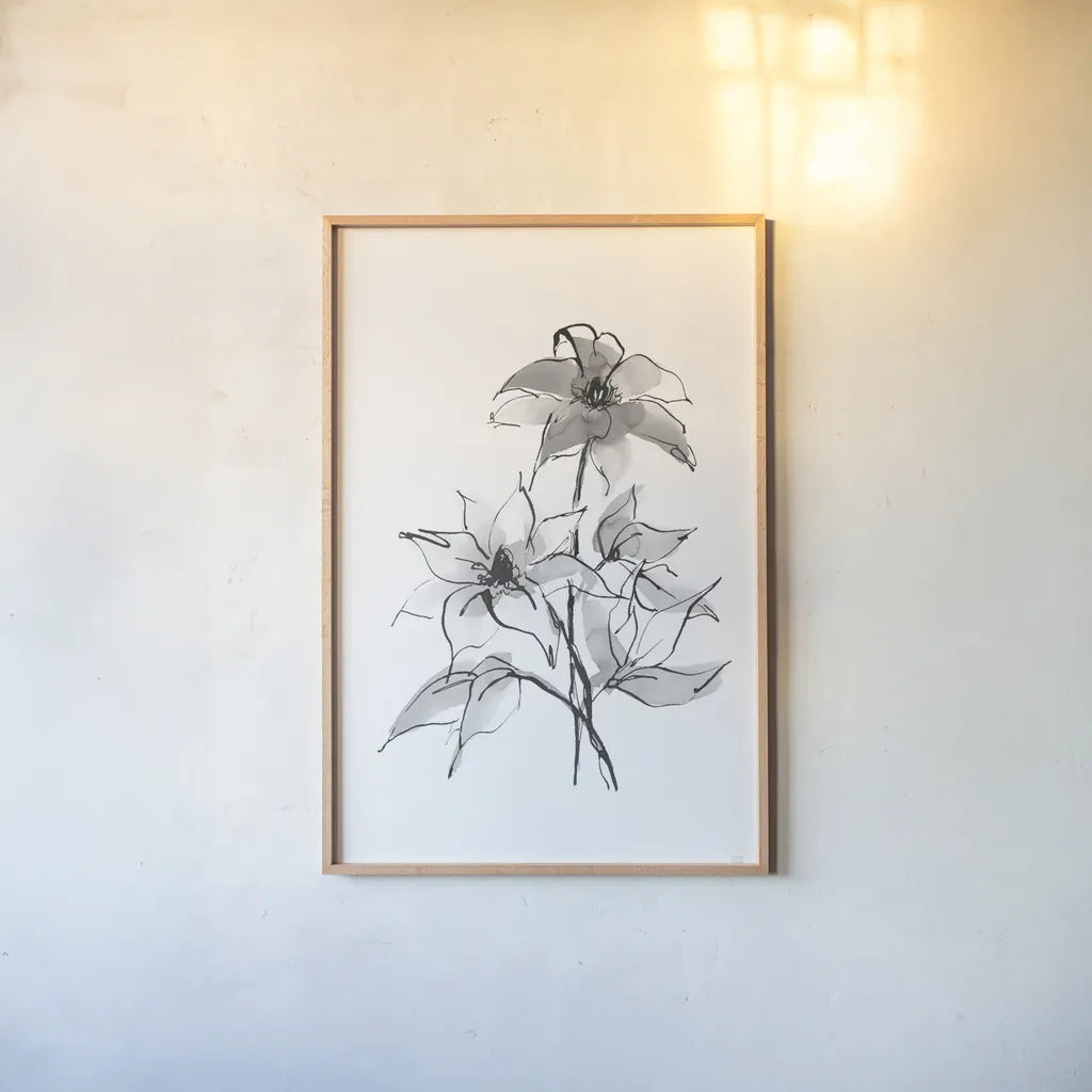 Wash Clematis by Chris Paschke. shown as a paper print in a natural frame. Available as a archival giclee rolled canvas, fine art paper, or poster print. SKU 65451h.