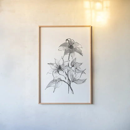 Wash Clematis by Chris Paschke. shown as a paper print in a natural frame. Available as a archival giclee rolled canvas, fine art paper, or poster print. SKU 65451h.