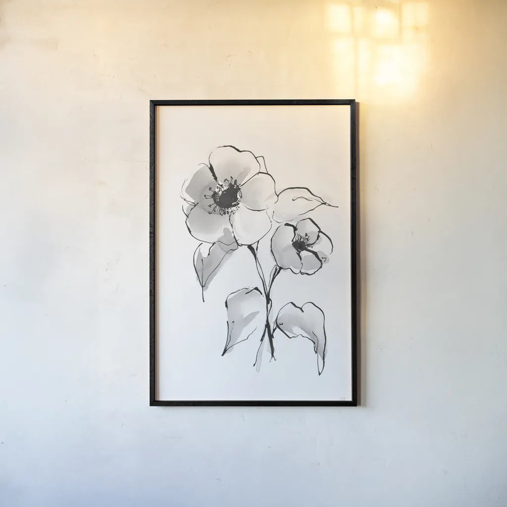 Wash Poppy I by Chris Paschke. shown as a paper print in a black flame. Available as a archival giclee rolled canvas, fine art paper, or poster print. SKU 65448h.