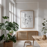 Wash Split Leaf I by Chris Paschke. shown as a print in a natural wood frame in a dining room. Available as a archival giclee rolled canvas, fine art paper, or poster print. SKU 65452h.