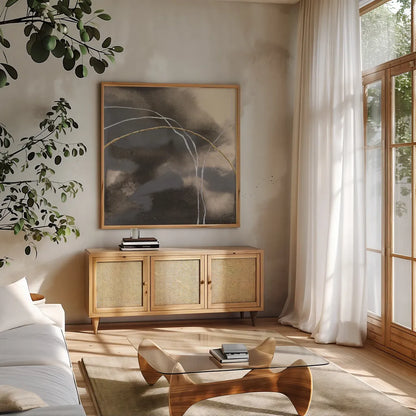 Water Canvas II by Chris Paschke. Shown in a natural wood frame in a cozy modern living room. Available as an archival giclee rolled canvas, fine art paper, or poster print. SKU 95427a.