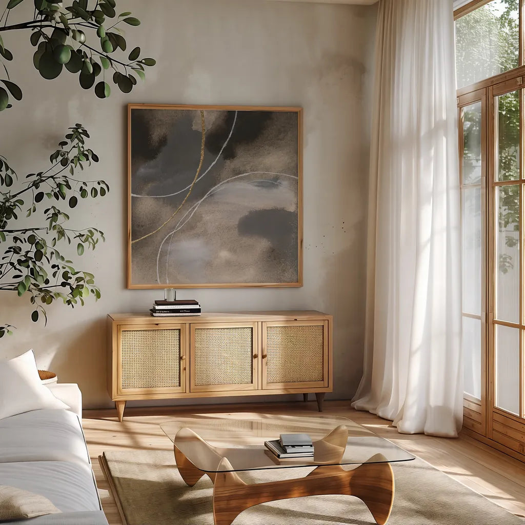 Water Canvas III by Chris Paschke. Shown in a natural wood frame in a cozy modern living room. Available as an archival giclee rolled canvas, fine art paper, or poster print. SKU 95428a.