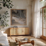 Water Canvas IV by Chris Paschke. Shown in a natural wood frame in a cozy modern living room. Available as an archival giclee rolled canvas, fine art paper, or poster print. SKU 95429a.