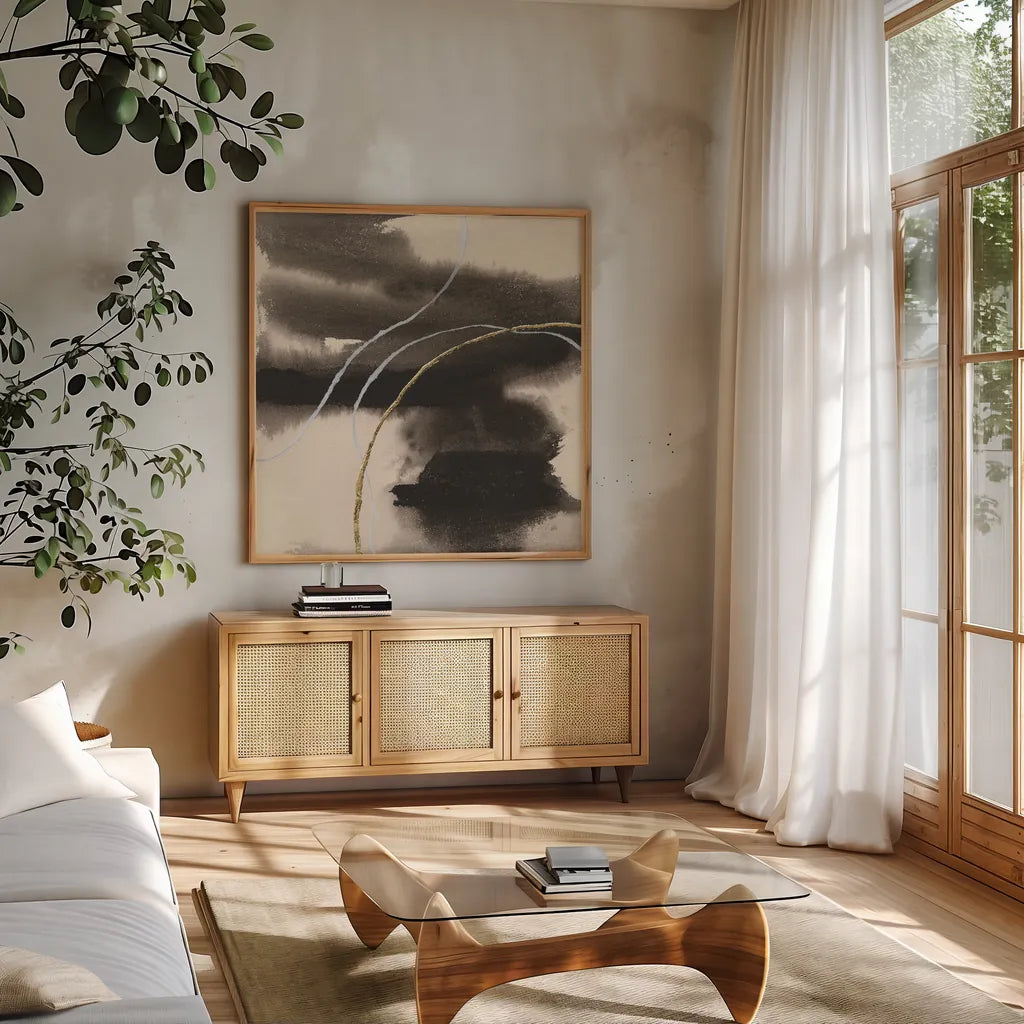 Water Canvas VII by Chris Paschke. Shown in a natural wood frame in a cozy modern living room. Available as an archival giclee rolled canvas, fine art paper, or poster print. SKU 95432a.