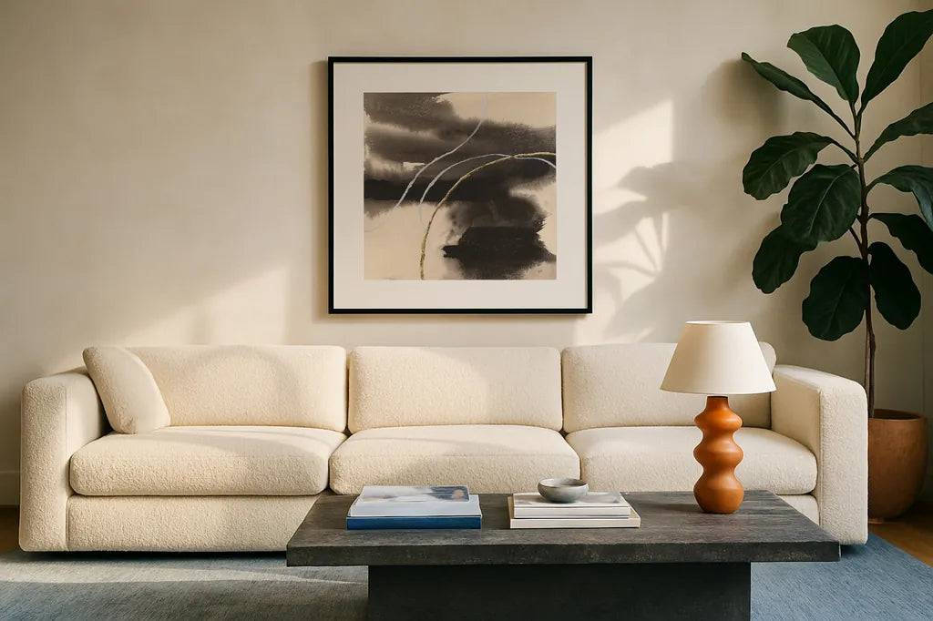Water Canvas VII by Chris Paschke. Displayed in a glass frame with matte in a clean modern living room. Available as an archival giclee rolled canvas, fine art paper, or poster print. SKU 95432a.