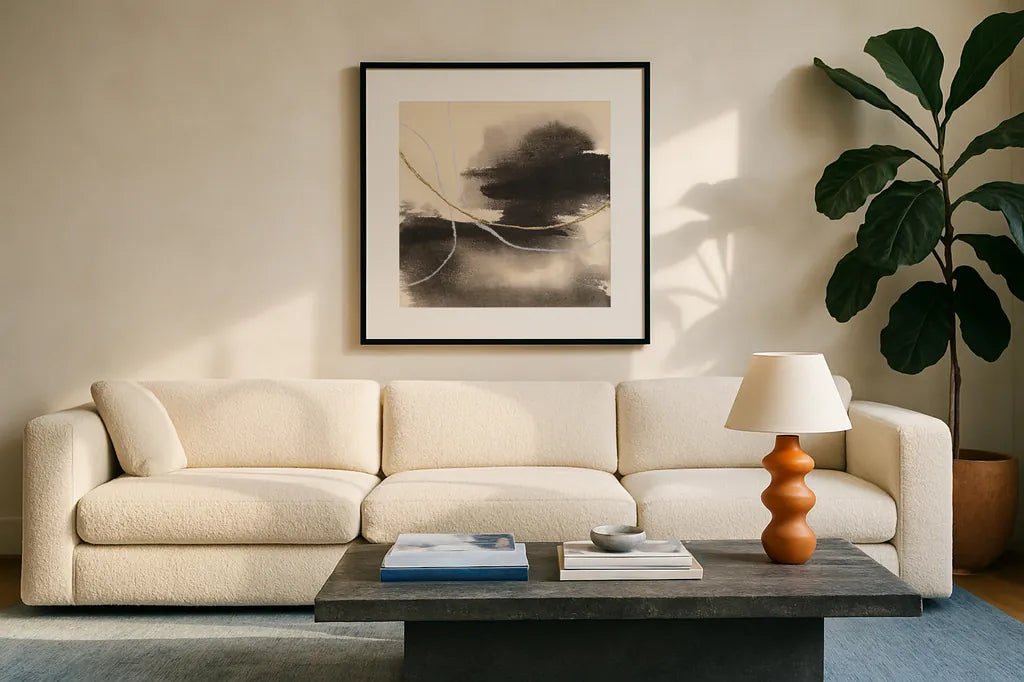 Water Canvas VIII by Chris Paschke. Displayed in a glass frame with matte in a clean modern living room. Available as an archival giclee rolled canvas, fine art paper, or poster print. SKU 95433a.