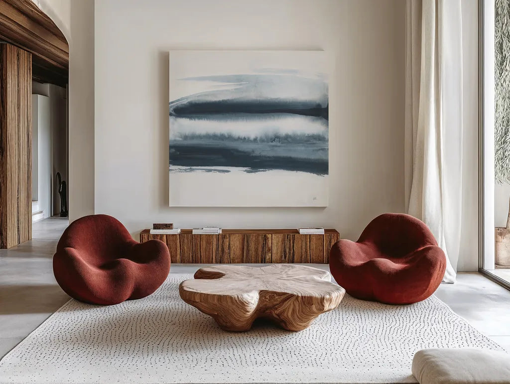 Waterway Minimalism I by Chris Paschke. Shown as extra-large giant wall art in a modern living room. Available as an archival giclee rolled canvas, fine art paper, or poster print. SKU 72067a.