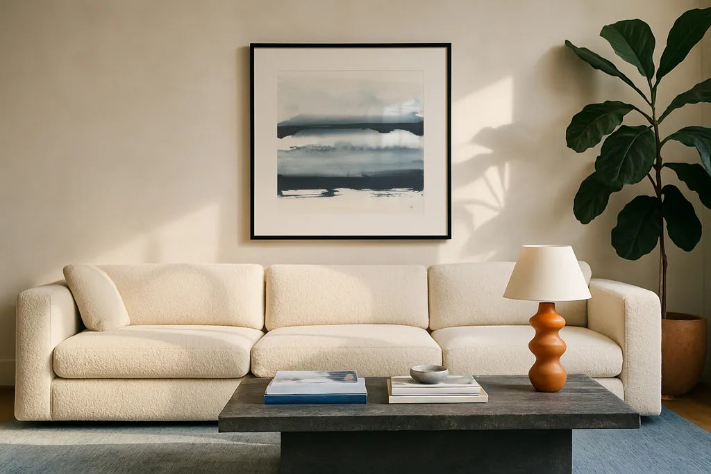 Waterway Minimalism II by Chris Paschke. Displayed in a glass frame with matte in a clean modern living room. Available as an archival giclee rolled canvas, fine art paper, or poster print. SKU 72068a.