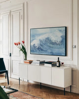 Waves IV by Chris Paschke. shown as a framed stretched canvas in a living room above a console. Available as a archival giclee rolled canvas, fine art paper, or poster print. SKU 61466i.