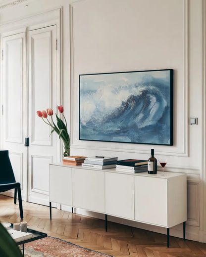 Waves V by Chris Paschke. shown as a framed stretched canvas in a living room above a console. Available as a archival giclee rolled canvas, fine art paper, or poster print. SKU 61467i.