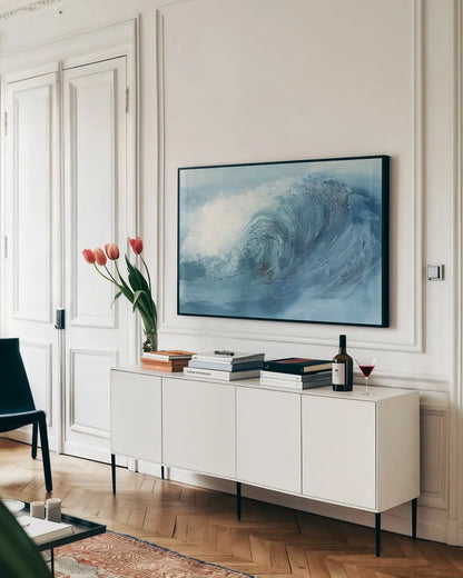 Waves VI by Chris Paschke. shown as a framed stretched canvas in a living room above a console. Available as a archival giclee rolled canvas, fine art paper, or poster print. SKU 61468i.