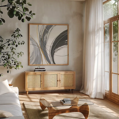 Webbed I by Chris Paschke. Shown in a natural wood frame in a cozy modern living room. Available as an archival giclee rolled canvas, fine art paper, or poster print. SKU 88082a.