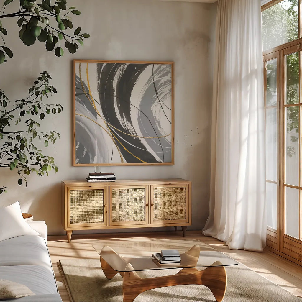 Webbed III by Chris Paschke. Shown in a natural wood frame in a cozy modern living room. Available as an archival giclee rolled canvas, fine art paper, or poster print. SKU 88084a.