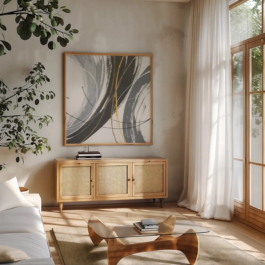 Webbed IV by Chris Paschke. Shown in a natural wood frame in a cozy modern living room. Available as an archival giclee rolled canvas, fine art paper, or poster print. SKU 88085a.