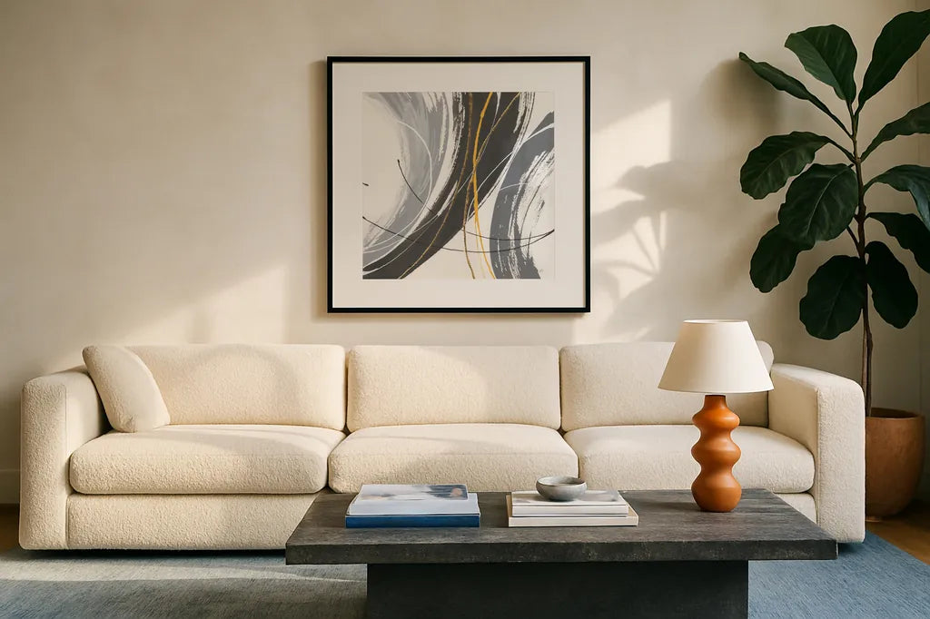 Webbed IV by Chris Paschke. Displayed in a glass frame with matte in a clean modern living room. Available as an archival giclee rolled canvas, fine art paper, or poster print. SKU 88085a.