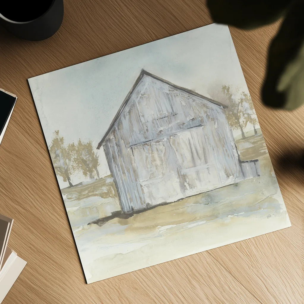 White Barn I by Chris Paschke. Shown as a detailed flat fine art print, highlighting archival giclee quality. Available as an archival giclee rolled canvas, fine art paper, or poster print. SKU 62506a.
