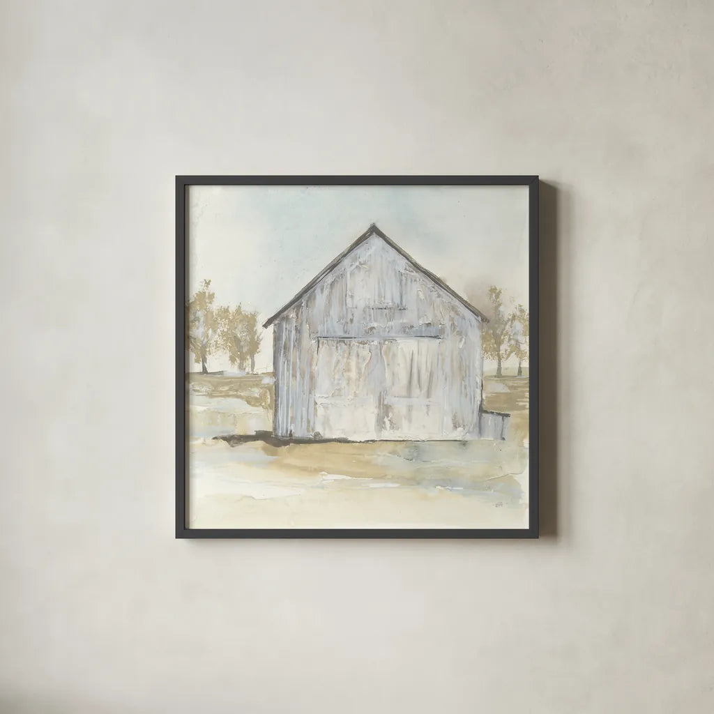 White Barn I by Chris Paschke. Shown in a sleek black glass frame for a contemporary gallery look. Available as an archival giclee rolled canvas, fine art paper, or poster print. SKU 62506a.