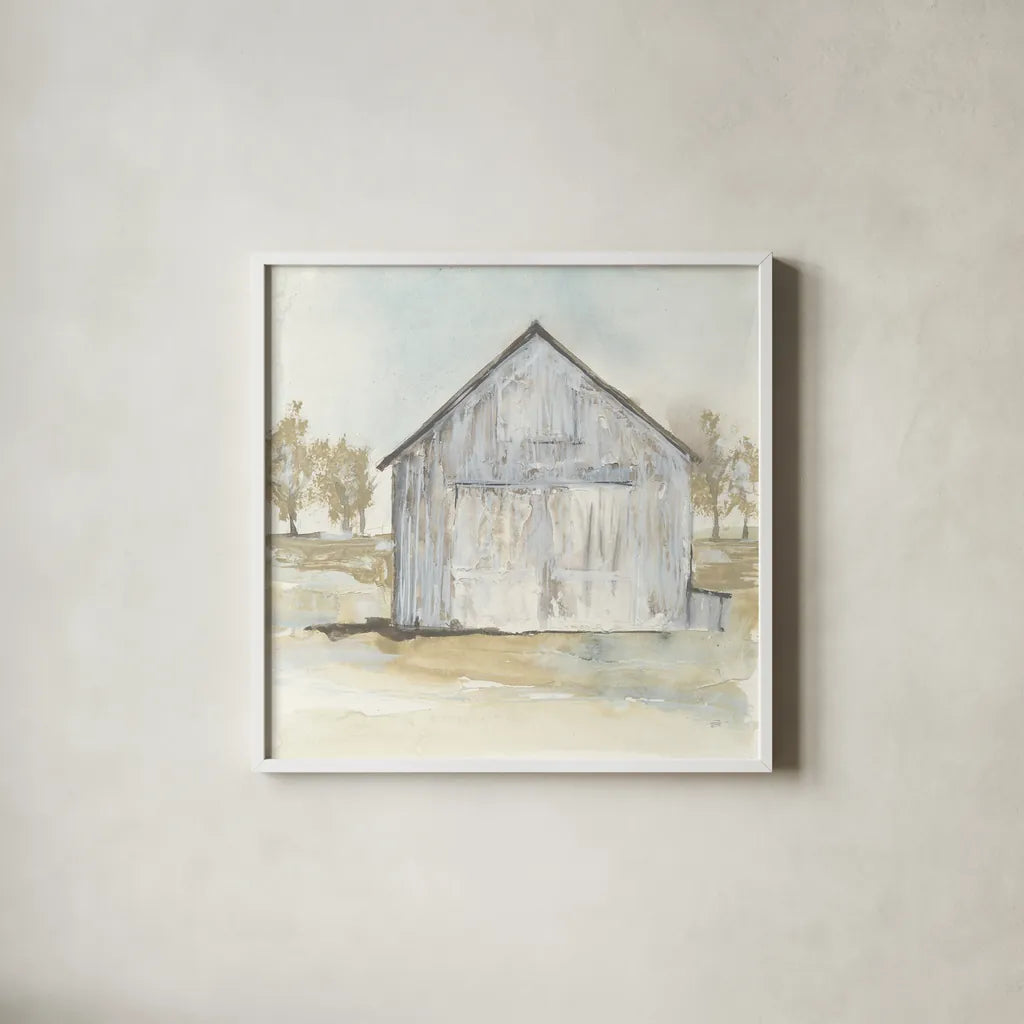 White Barn I by Chris Paschke. Shown in a crisp white glass frame for a clean and minimalist style. Available as an archival giclee rolled canvas, fine art paper, or poster print. SKU 62506a.