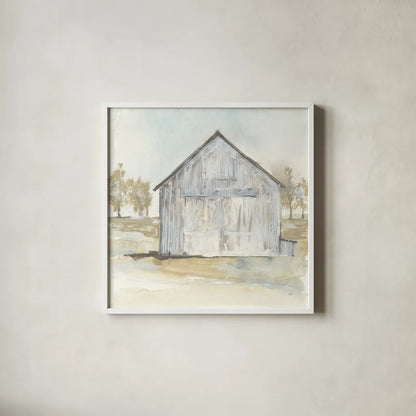 White Barn I by Chris Paschke. Shown in a crisp white glass frame for a clean and minimalist style. Available as an archival giclee rolled canvas, fine art paper, or poster print. SKU 62506a.