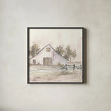 White Barn II by Chris Paschke. Shown in a sleek black glass frame for a contemporary gallery look. Available as an archival giclee rolled canvas, fine art paper, or poster print. SKU 62507a.