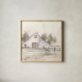 White Barn II by Chris Paschke. Shown in a natural wood glass frame for a timeless modern aesthetic. Available as an archival giclee rolled canvas, fine art paper, or poster print. SKU 62507a.