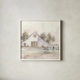 White Barn II by Chris Paschke. Shown in a crisp white glass frame for a clean and minimalist style. Available as an archival giclee rolled canvas, fine art paper, or poster print. SKU 62507a.