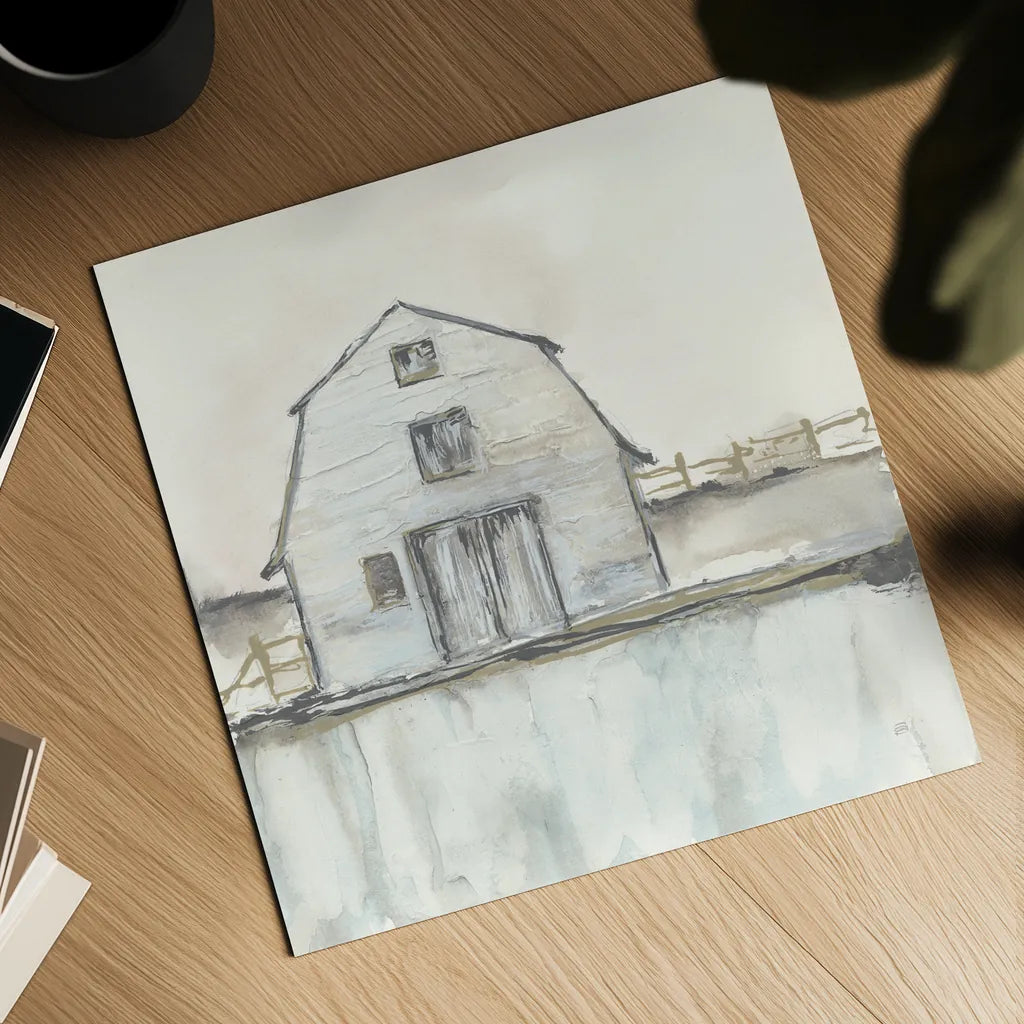 White Barn III by Chris Paschke. Shown as a detailed flat fine art print, highlighting archival giclee quality. Available as an archival giclee rolled canvas, fine art paper, or poster print. SKU 62508a.