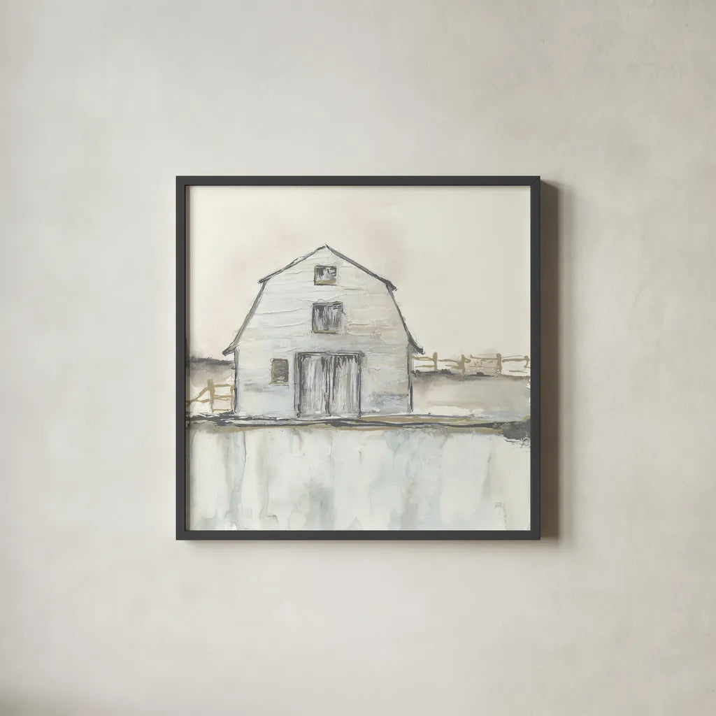 White Barn III by Chris Paschke. Shown in a sleek black glass frame for a contemporary gallery look. Available as an archival giclee rolled canvas, fine art paper, or poster print. SKU 62508a.