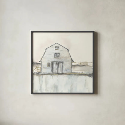 White Barn III by Chris Paschke. Shown in a sleek black glass frame for a contemporary gallery look. Available as an archival giclee rolled canvas, fine art paper, or poster print. SKU 62508a.