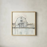 White Barn III by Chris Paschke. Shown in a natural wood glass frame for a timeless modern aesthetic. Available as an archival giclee rolled canvas, fine art paper, or poster print. SKU 62508a.