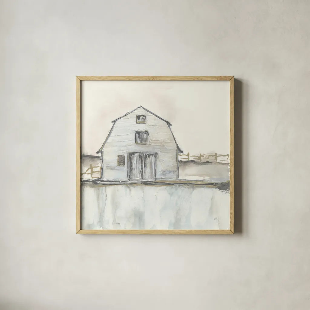 White Barn III by Chris Paschke. Shown in a natural wood glass frame for a timeless modern aesthetic. Available as an archival giclee rolled canvas, fine art paper, or poster print. SKU 62508a.