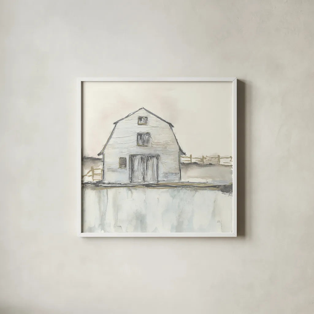 White Barn III by Chris Paschke. Shown in a crisp white glass frame for a clean and minimalist style. Available as an archival giclee rolled canvas, fine art paper, or poster print. SKU 62508a.