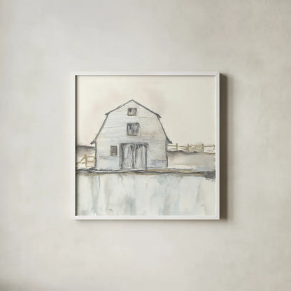 White Barn III by Chris Paschke. Shown in a crisp white glass frame for a clean and minimalist style. Available as an archival giclee rolled canvas, fine art paper, or poster print. SKU 62508a.