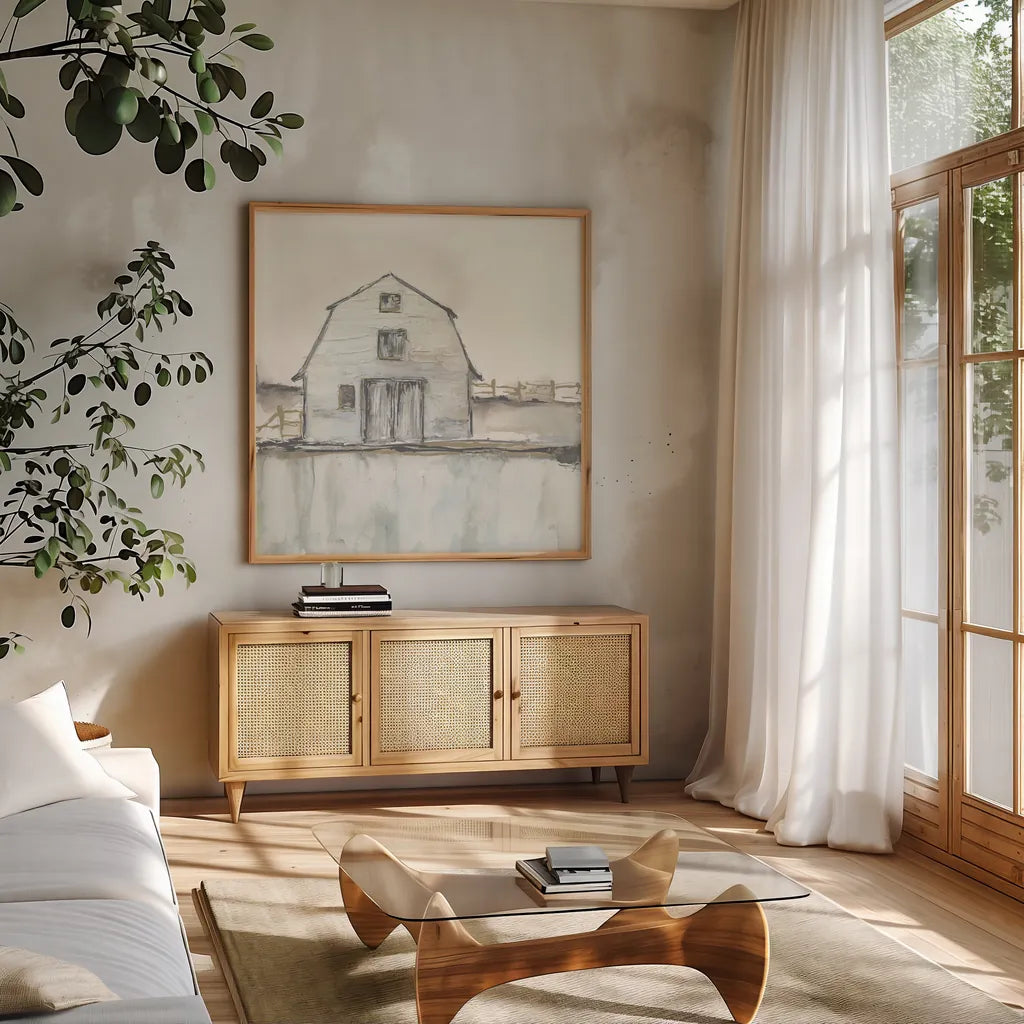 White Barn III by Chris Paschke. Shown in a natural wood frame in a cozy modern living room. Available as an archival giclee rolled canvas, fine art paper, or poster print. SKU 62508a.