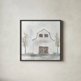 White Barn IV by Chris Paschke. Shown in a sleek black glass frame for a contemporary gallery look. Available as an archival giclee rolled canvas, fine art paper, or poster print. SKU 62509a.