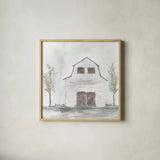 White Barn IV by Chris Paschke. Shown in a natural wood glass frame for a timeless modern aesthetic. Available as an archival giclee rolled canvas, fine art paper, or poster print. SKU 62509a.
