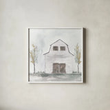 White Barn IV by Chris Paschke. Shown in a crisp white glass frame for a clean and minimalist style. Available as an archival giclee rolled canvas, fine art paper, or poster print. SKU 62509a.